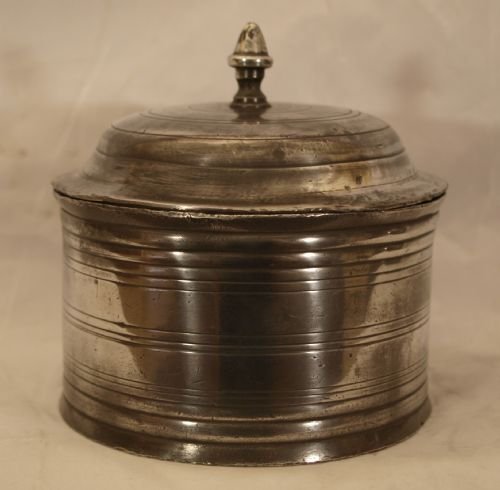 antique english pewter tobacco jar of large size dome lid with acorn finial c1830