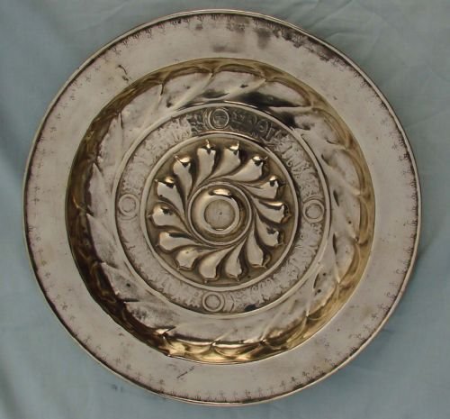 antique nuremberg brass alms dish 16 inch diameter circa 1580 gothic script punched decoration