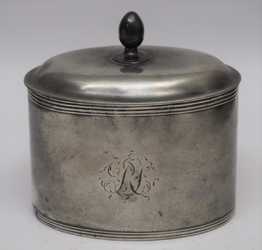 antique english pewter oval tobacco jar with presser circa 1780