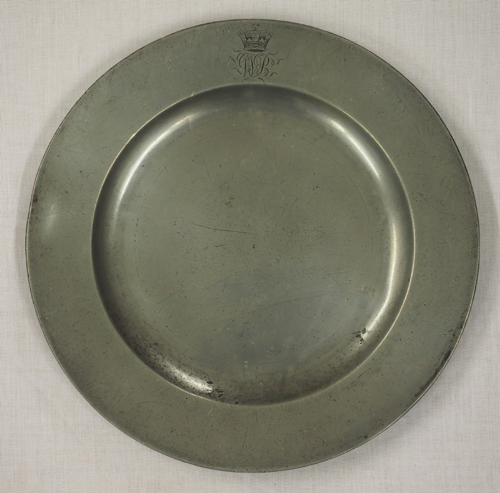 george iv pewter plain rim plate with royal connection by alderson circa 1820