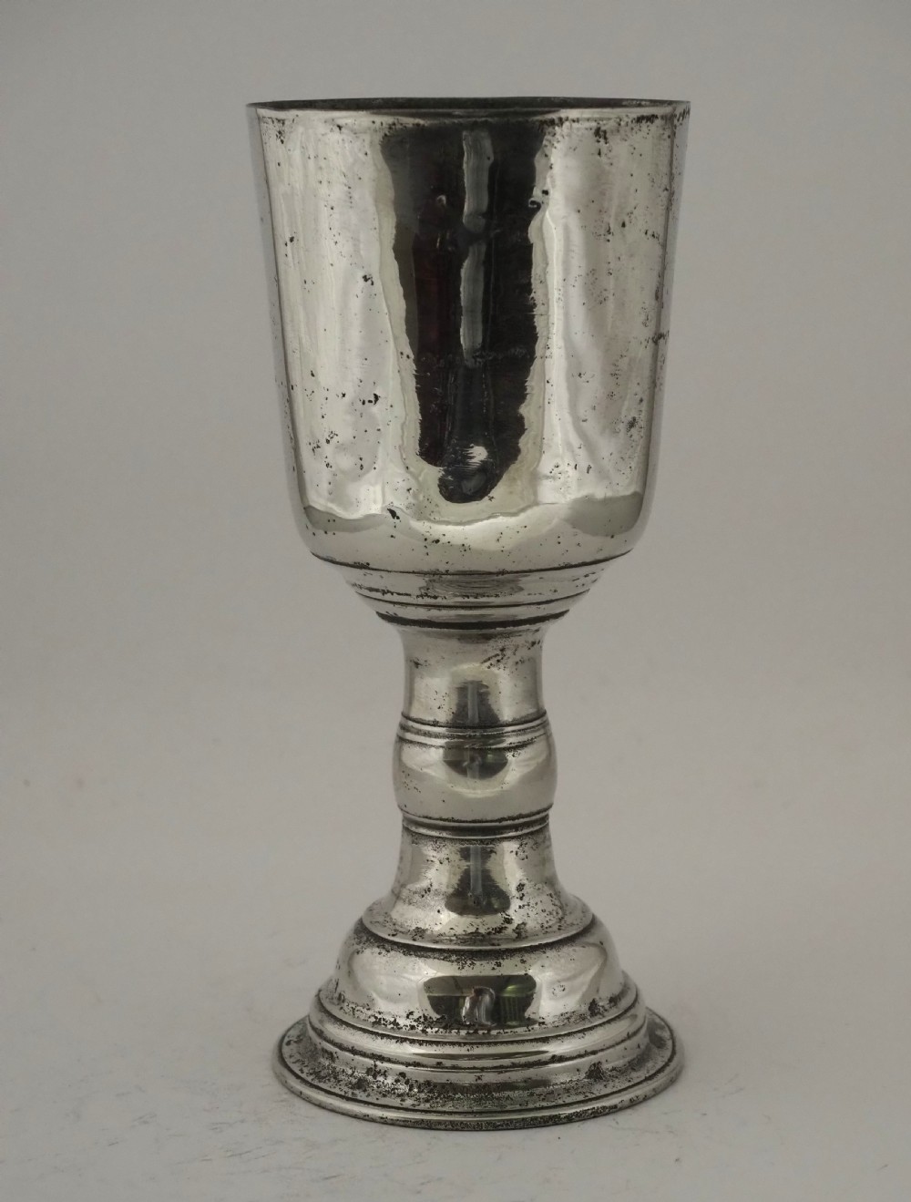 antique irish pewter chalice of large size on a domed foot circa 1750