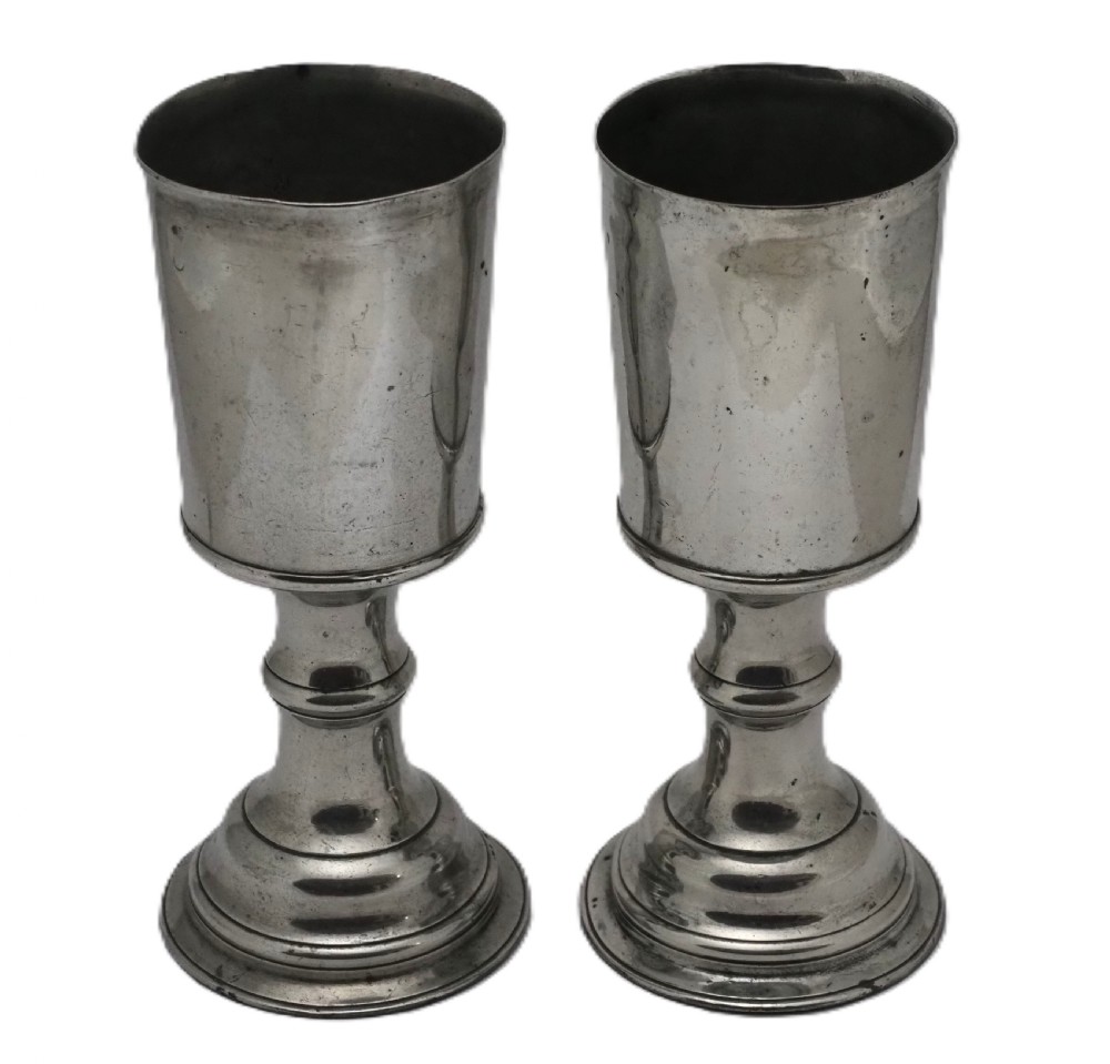 a fine pair of irish pewter chalice each of 1 pint capacity circa 1750